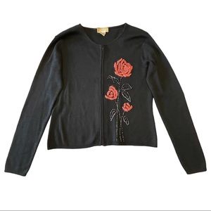 Vintage ADRIANNA PAPELL Womens Medium Black Floral Sweater Zip Cardigan